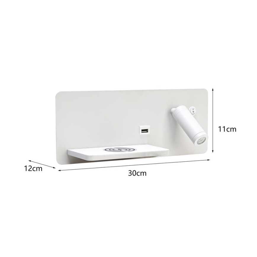 Immax 08286L - LED-seinävalaisin hyllyllä, USB-portilla ja langattomalla latauksella Be PREPARE LED/3W/230V + LED/3W valkoinen