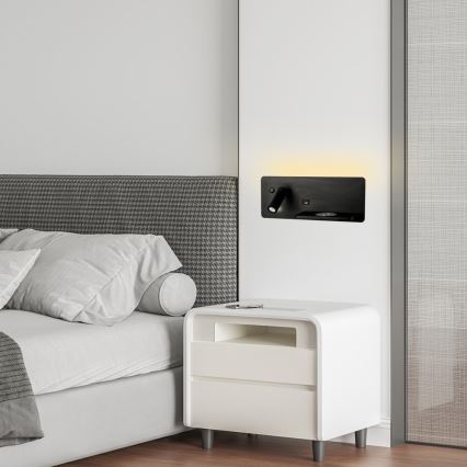 Immax 08287L - LED Seinävalaisin hyllyllä, USB-portilla ja langattomalla latauksella Be PREPARE LED/3W/230V + LED/3W musta