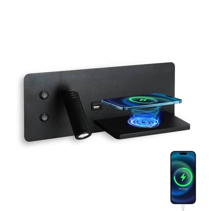 Immax 08287L - LED Seinävalaisin hyllyllä, USB-portilla ja langattomalla latauksella Be PREPARE LED/3W/230V + LED/3W musta