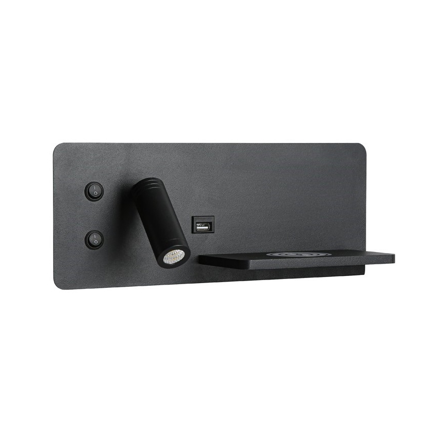 Immax 08287L - LED Seinävalaisin hyllyllä, USB-portilla ja langattomalla latauksella Be PREPARE LED/3W/230V + LED/3W musta
