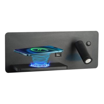 Immax 08288L - LED-seinävalaisin hyllyllä, USB-portilla ja langattomalla latauksella Be PREPARE LED/3W/230V + LED/3W musta