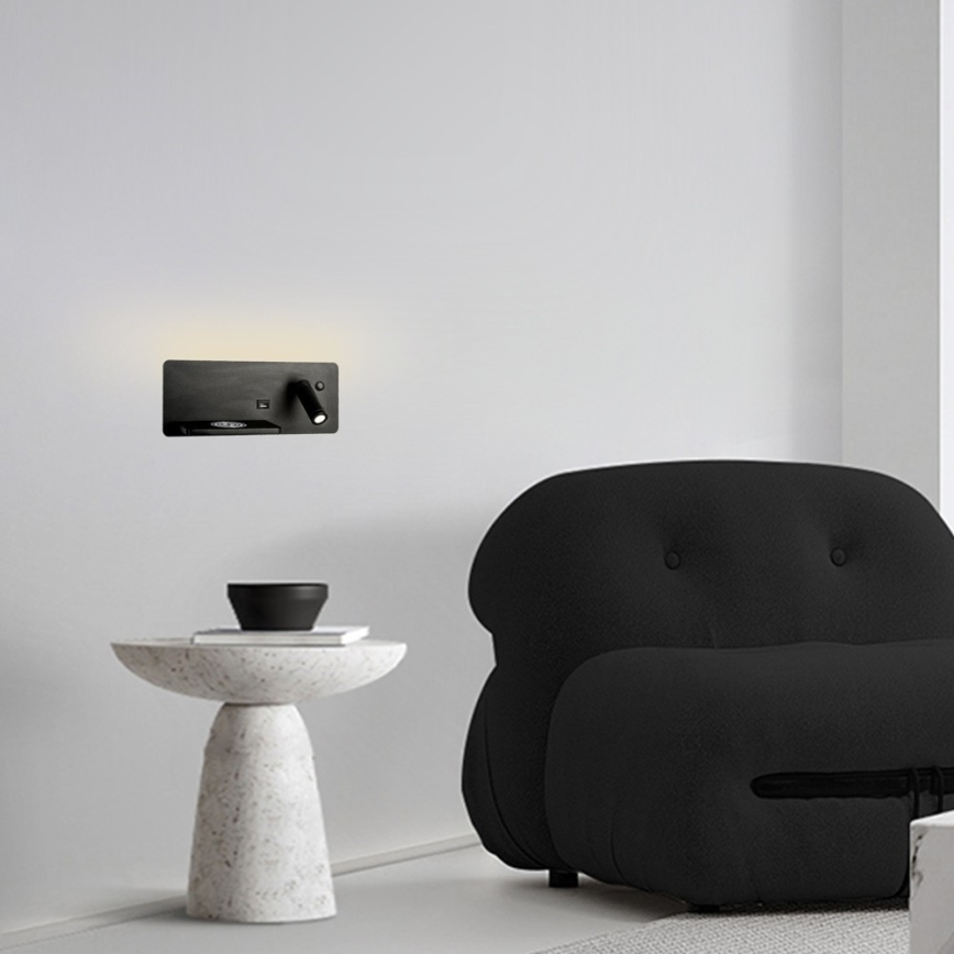 Immax 08288L - LED-seinävalaisin hyllyllä, USB-portilla ja langattomalla latauksella Be PREPARE LED/3W/230V + LED/3W musta