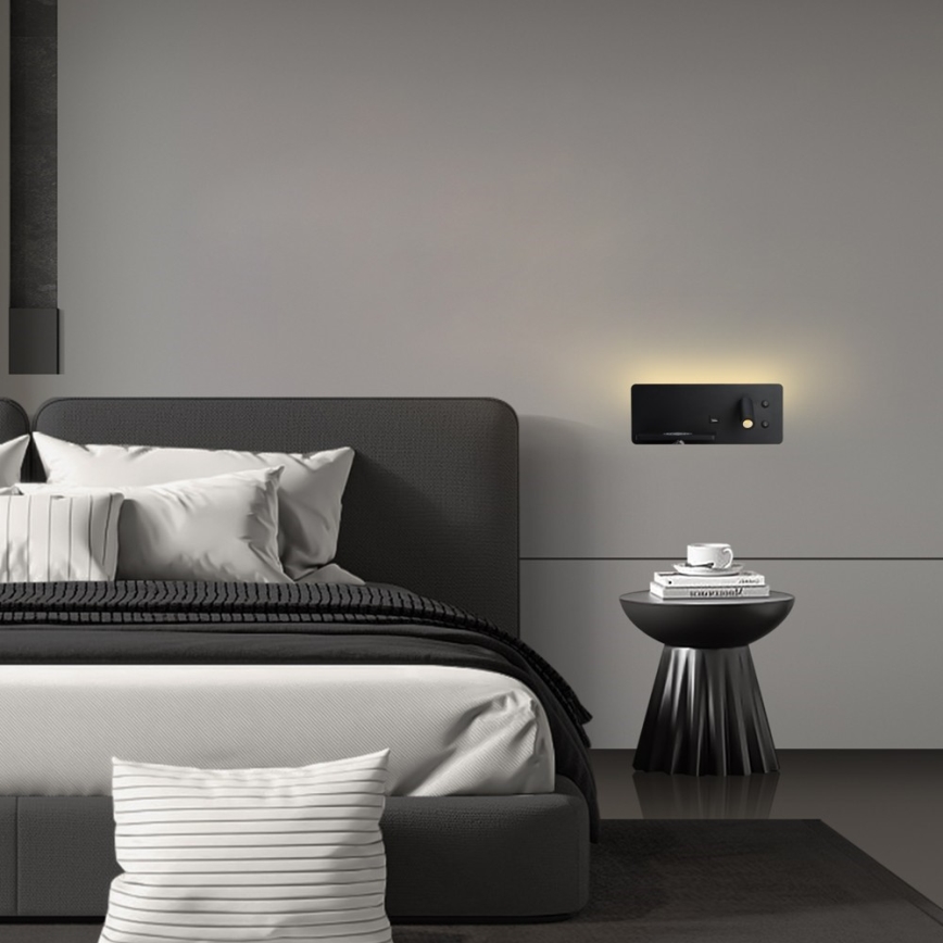 Immax 08288L - LED-seinävalaisin hyllyllä, USB-portilla ja langattomalla latauksella Be PREPARE LED/3W/230V + LED/3W musta