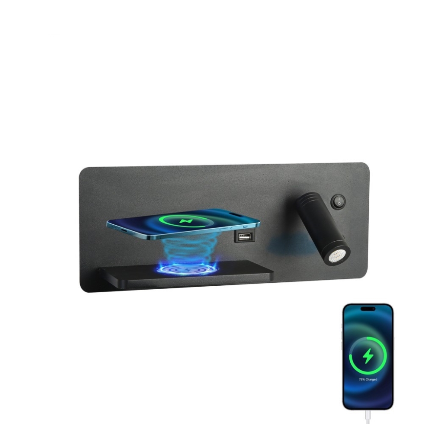 Immax 08288L - LED-seinävalaisin hyllyllä, USB-portilla ja langattomalla latauksella Be PREPARE LED/3W/230V + LED/3W musta