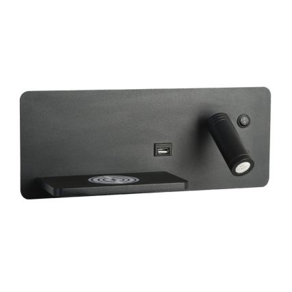 Immax 08288L - LED-seinävalaisin hyllyllä, USB-portilla ja langattomalla latauksella Be PREPARE LED/3W/230V + LED/3W musta