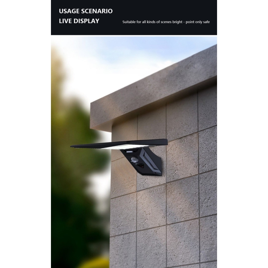 LED-seinäaurinkovalaisin anturilla LED/2,6W/5,5V IP65 musta