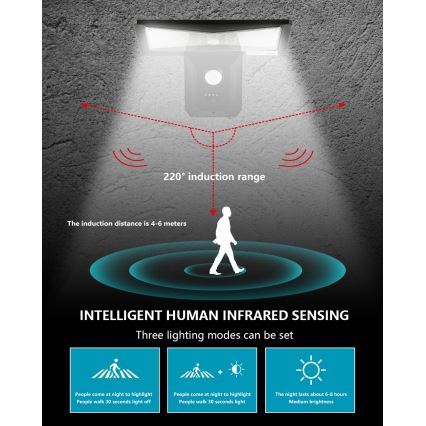 LED-seinäaurinkovalaisin anturilla LED/2,6W/5,5V IP65 musta