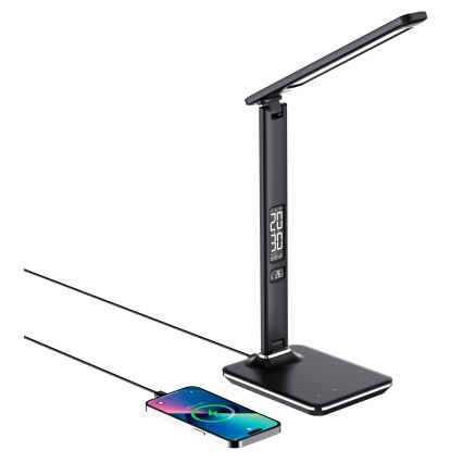 LED himmennettävä pöytävalaisin langattomalla QI-latauksella ja USB-liitännällä KINGFISHER LED/8,5W/230V musta