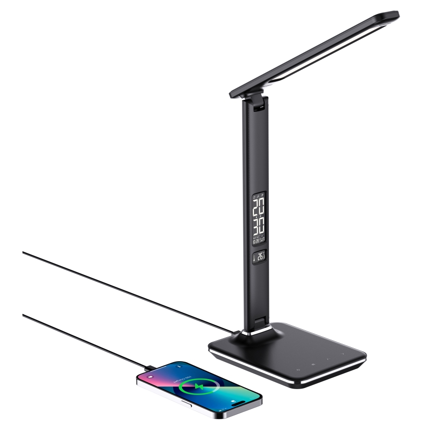 LED himmennettävä pöytävalaisin langattomalla QI-latauksella ja USB-liitännällä KINGFISHER LED/8,5W/230V musta