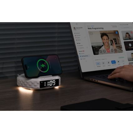 Herätyskello LCD-näytöllä ja langattomalla 27W/9V Qi-laturilla 220 mAh valkoinen