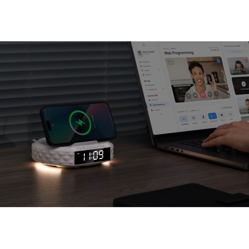 Herätyskello LCD-näytöllä ja langattomalla 27W/9V Qi-laturilla 220 mAh valkoinen