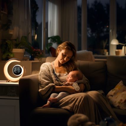 LED RGBW himmennettävä pöytävalaisin herätyskellolla LED/20W/5V USB hopea