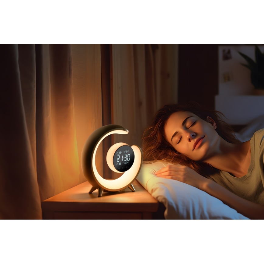 LED RGBW himmennettävä pöytävalaisin herätyskellolla LED/20W/5V USB hopea