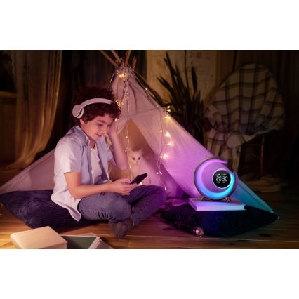 LED RGBW himmennettävä pöytävalaisin herätyskellolla LED/20W/5V USB hopea