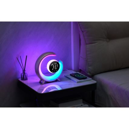 LED RGBW himmennettävä pöytävalaisin herätyskellolla LED/20W/5V USB hopea