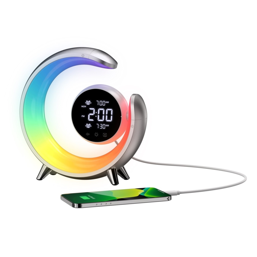 LED RGBW himmennettävä pöytävalaisin herätyskellolla LED/20W/5V USB hopea