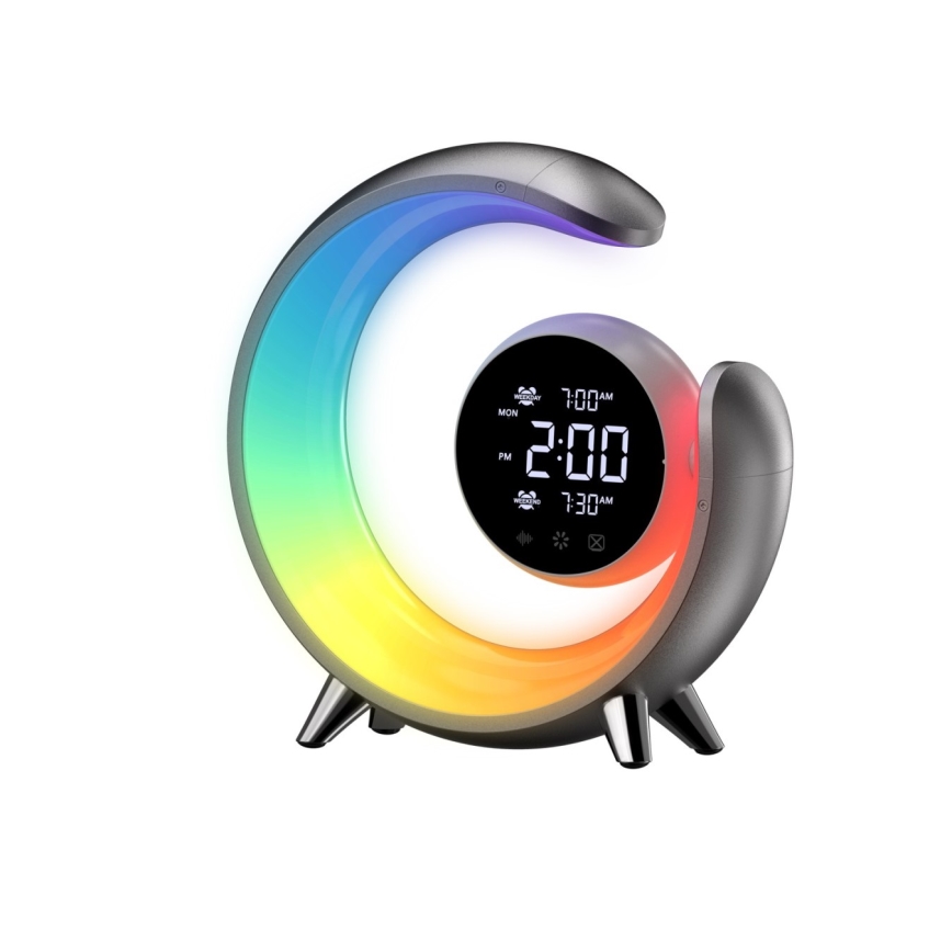 LED RGBW himmennettävä pöytävalaisin herätyskellolla LED/20W/5V USB hopea