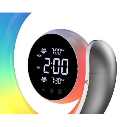 LED RGBW himmennettävä pöytävalaisin herätyskellolla LED/20W/5V USB hopea