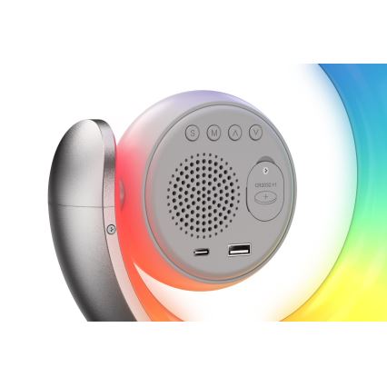 LED RGBW himmennettävä pöytävalaisin herätyskellolla LED/20W/5V USB hopea