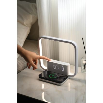 Himmennettävä LED-pöytävalaisin kanssa Herätyskello ja Qi lataus LED/18W/230V valkoinen