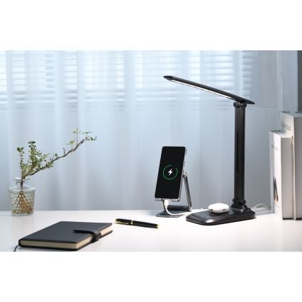 LUMI LED/7W/230V, himmennettävä pöytälamppu langattomalla Qi-latauksella ja USB-liitännällä, musta