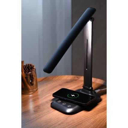 LUMI LED/7W/230V, himmennettävä pöytälamppu langattomalla Qi-latauksella ja USB-liitännällä, musta