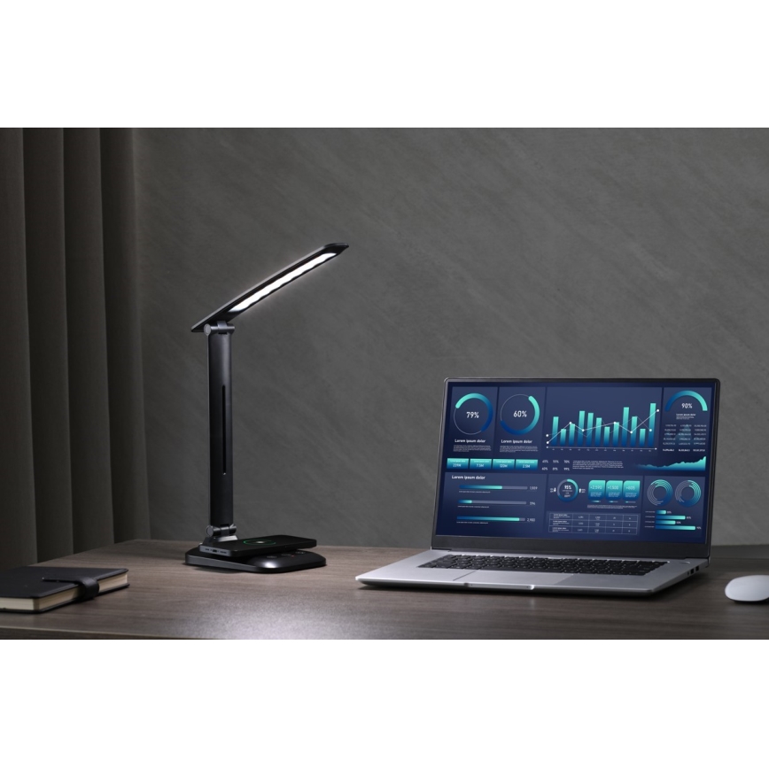 LUMI LED/7W/230V, himmennettävä pöytälamppu langattomalla Qi-latauksella ja USB-liitännällä, musta