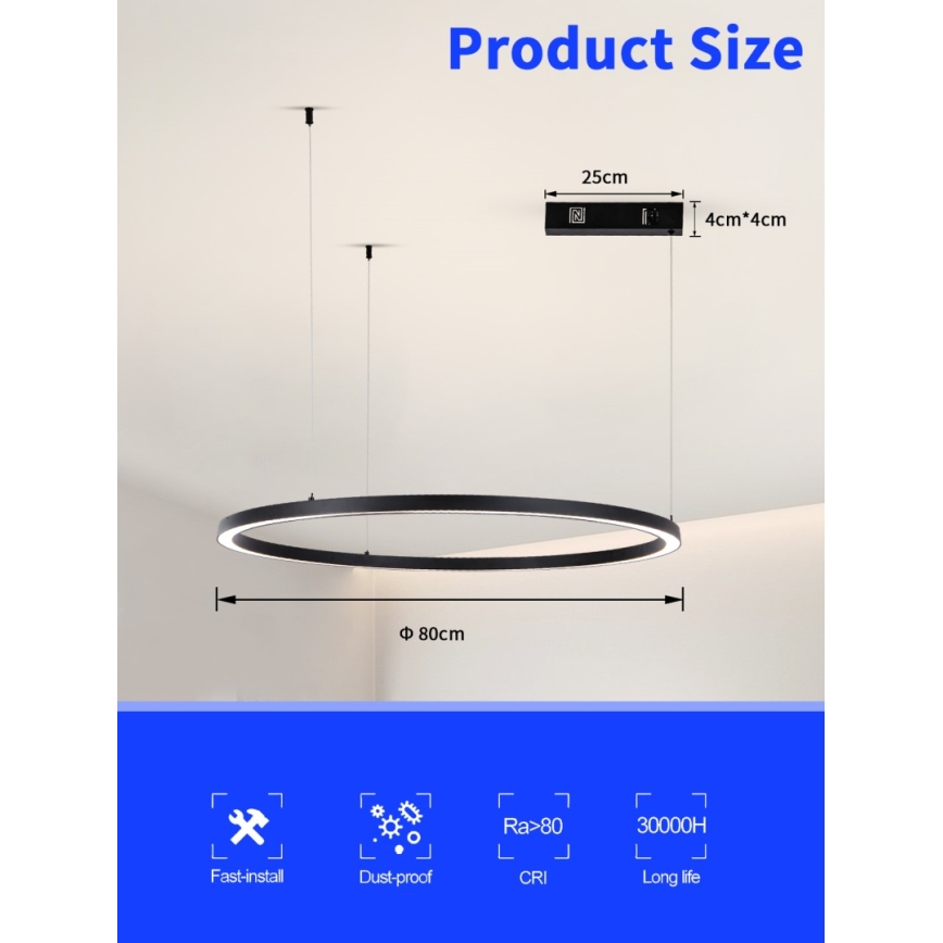 Immax NEO 07215L - Himmennettävä LED-kattokruunu johdossa FINO LED/60W/230V 80 cm musta Tuya + kauko-ohjaus