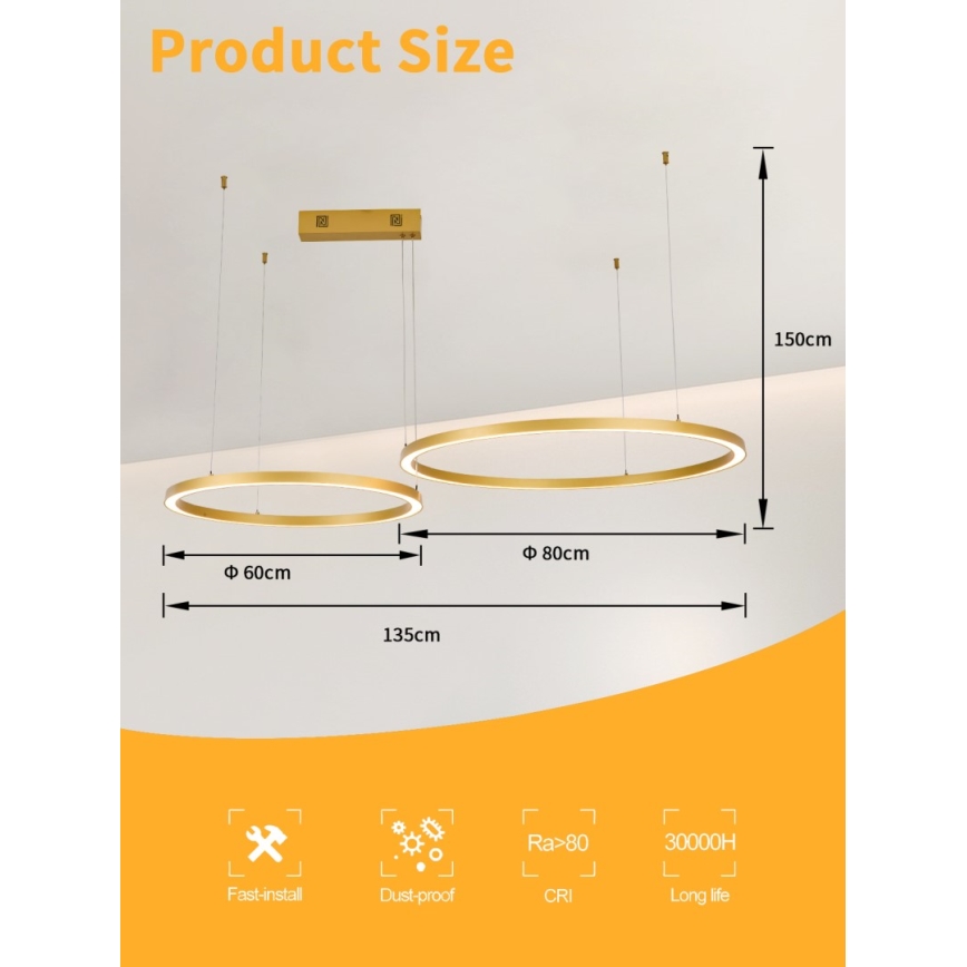 Immax NEO 07218L - Himmennettävä LED-kattokruunu johdossa FINO LED/93W/230V 60/80cm kulta Tuya + kauko-ohjaus