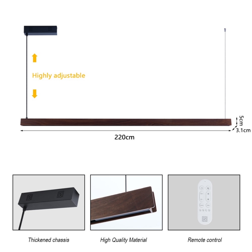 Immax NEO 07302L - LED-himennettävä riippuvalaisin vaijerilla MADEIRA LED/44W/230V Wi-Fi Tuya 202 cm pähkinänsävy + kaukosäädin