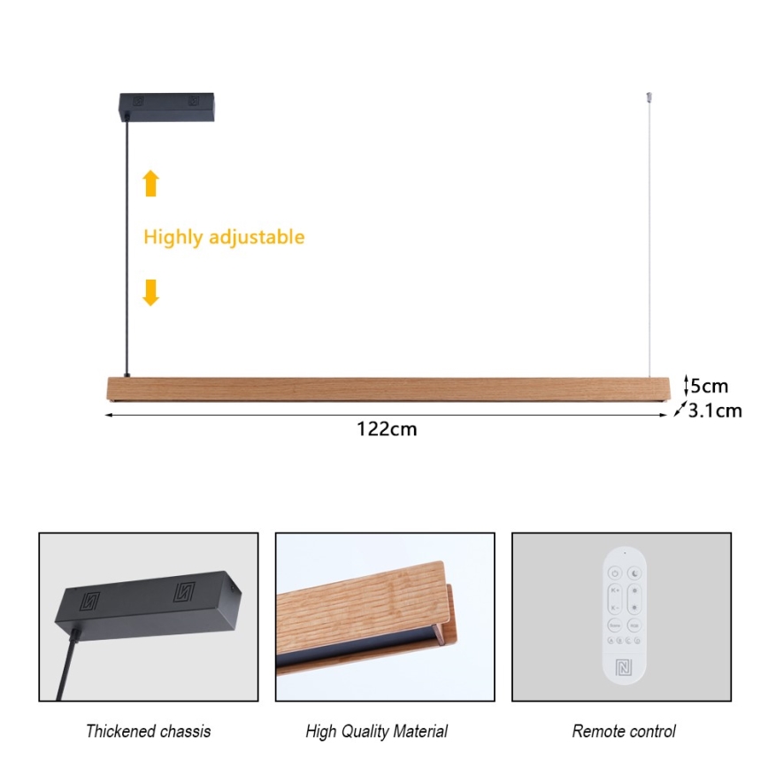 Immax NEO 07303L - MADEIRA himmennettävä LED-riippuvalaisin vaijerilla LED/26W/230V Wi-Fi Tuya 122 cm tammi + kaukosäädin