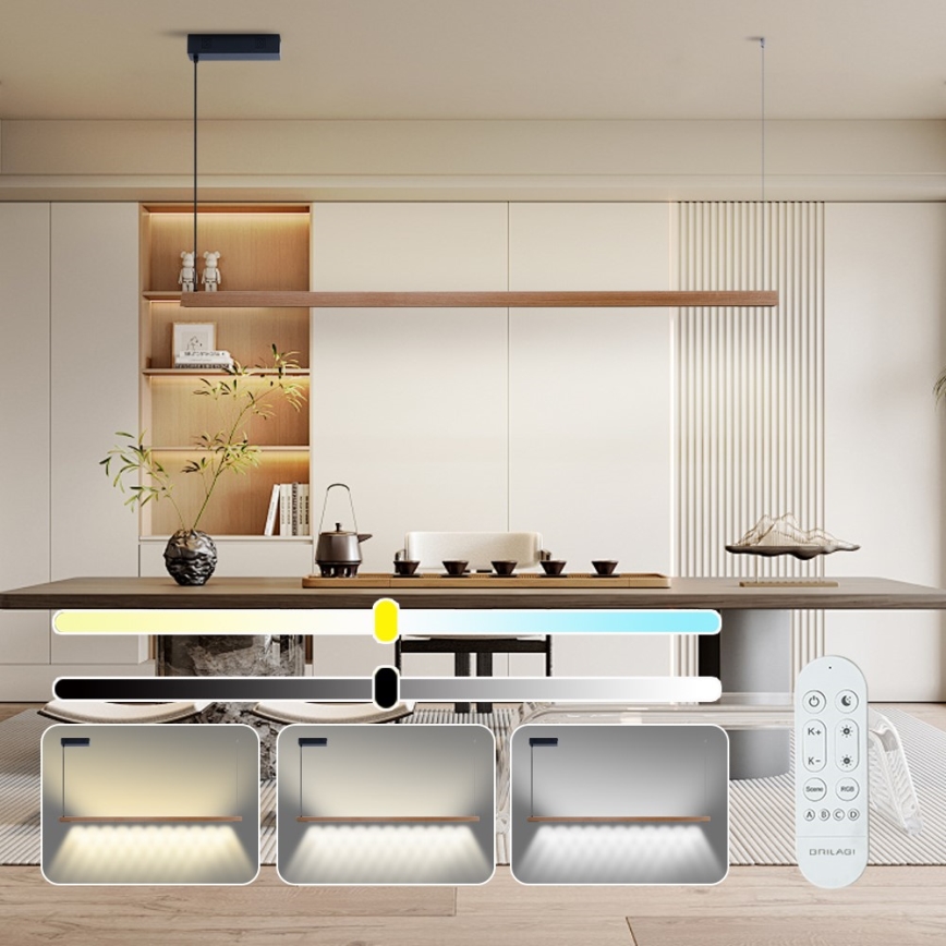 Immax NEO 07305L - himmennettävä vaijerikiinnitteinen LED-riippuvalaisin MADEIRA, 44 W/230 V, Wi‑Fi Tuya, 202 cm, tammi + kauko-ohjain