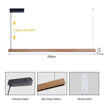 Immax NEO 07305L - himmennettävä vaijerikiinnitteinen LED-riippuvalaisin MADEIRA, 44 W/230 V, Wi‑Fi Tuya, 202 cm, tammi + kauko-ohjain