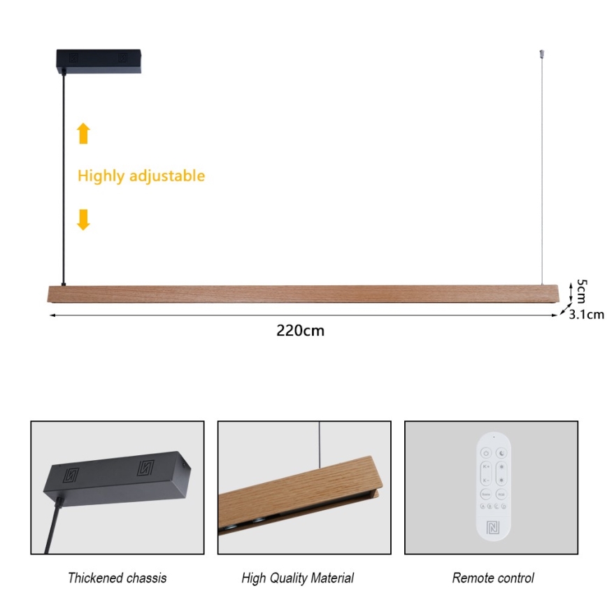 Immax NEO 07305L - himmennettävä vaijerikiinnitteinen LED-riippuvalaisin MADEIRA, 44 W/230 V, Wi‑Fi Tuya, 202 cm, tammi + kauko-ohjain
