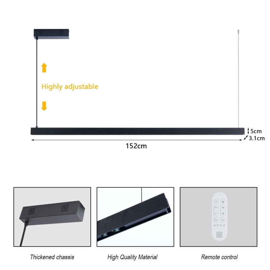 Immax NEO 07307L - LED-himmennettävä riippuvalaisin MADEIRA LED/33W/230V Wi‑Fi Tuya 152 cm musta + kaukosäädin