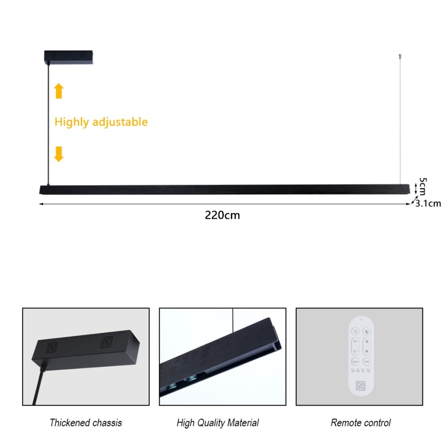 Immax NEO 07308L - Himmennettävä LED-riippuvalaisin vaijerilla MADEIRA LED/44W/230V Wi-Fi Tuya 202 cm musta + kaukosäädin