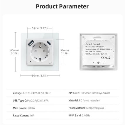Immax NEO 07544L - Älypistorasia E-tyypin 16 A/230 V + 1× USB-A + 1× USB-C PD 20 W, Wi-Fi