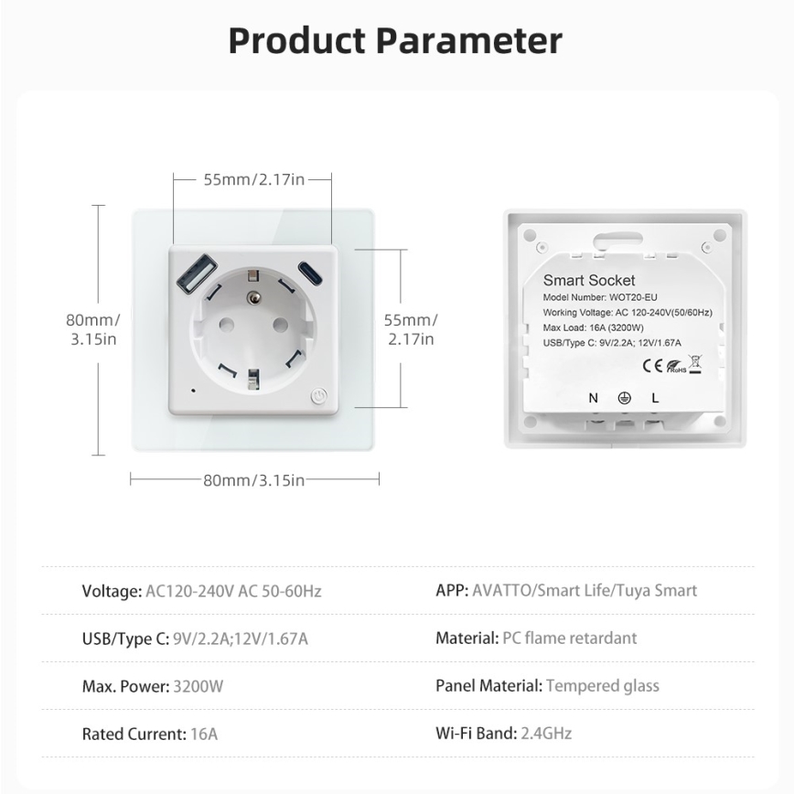 Immax NEO 07544L - Älypistorasia E-tyypin 16 A/230 V + 1× USB-A + 1× USB-C PD 20 W, Wi-Fi