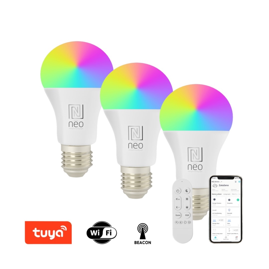 Immax NEO 07712CDO - SARJA 3x himmennettävä LED RGB+CCT lamppu E27/9W/230V Wi-Fi Tuya + kaukosäädin