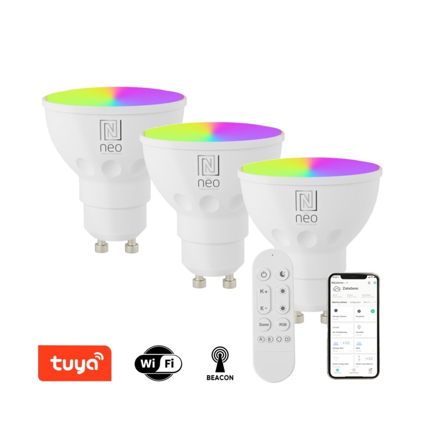 Immax NEO 07724CDO - 3 kpl setti himmennettäviä LED RGB+CCT GU10-lamppuja 4,8W/230V 2700-6500K Wi-Fi Tuya + kaukosäädin