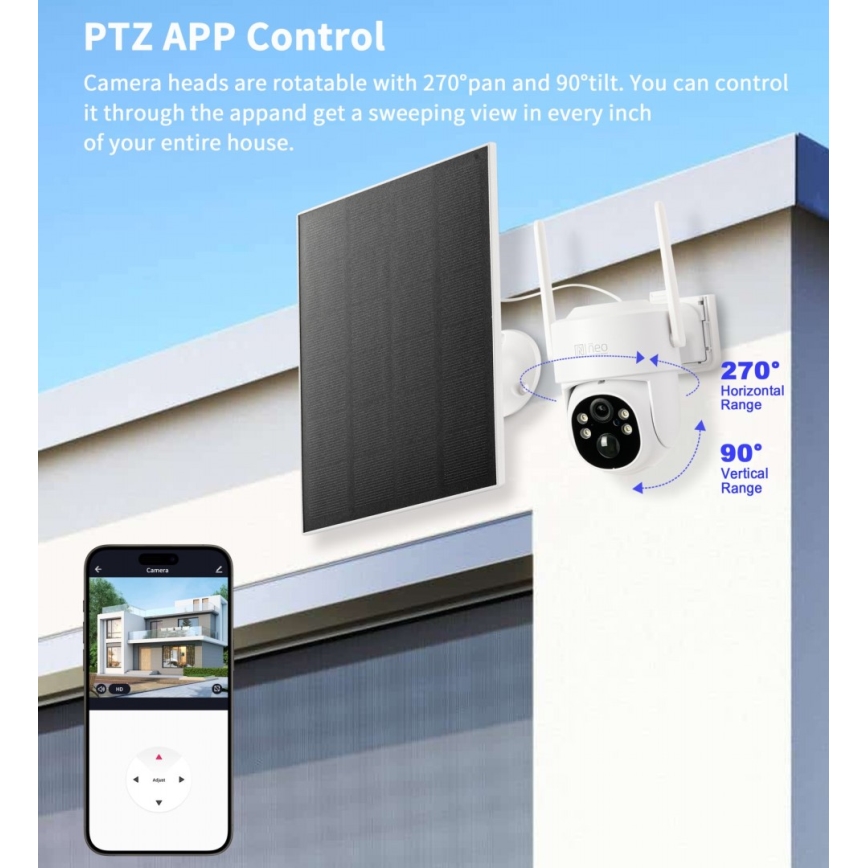 Immax NEO 07804L - Älykäs ulkokäyttöön tarkoitettu aurinkokamera, jossa 9000 mAh akku, Wi-Fi, Tuya ja IP65-suojaus