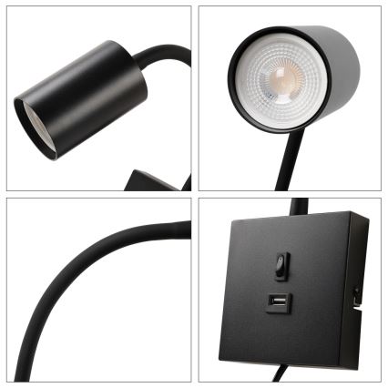 Immax NEO 08295L - Seinävalaisin USB-liitännällä PUNTO 1xGU10/9W/230V musta