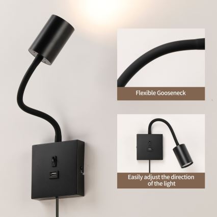 Immax NEO 08295L - Seinävalaisin USB-liitännällä PUNTO 1xGU10/9W/230V musta