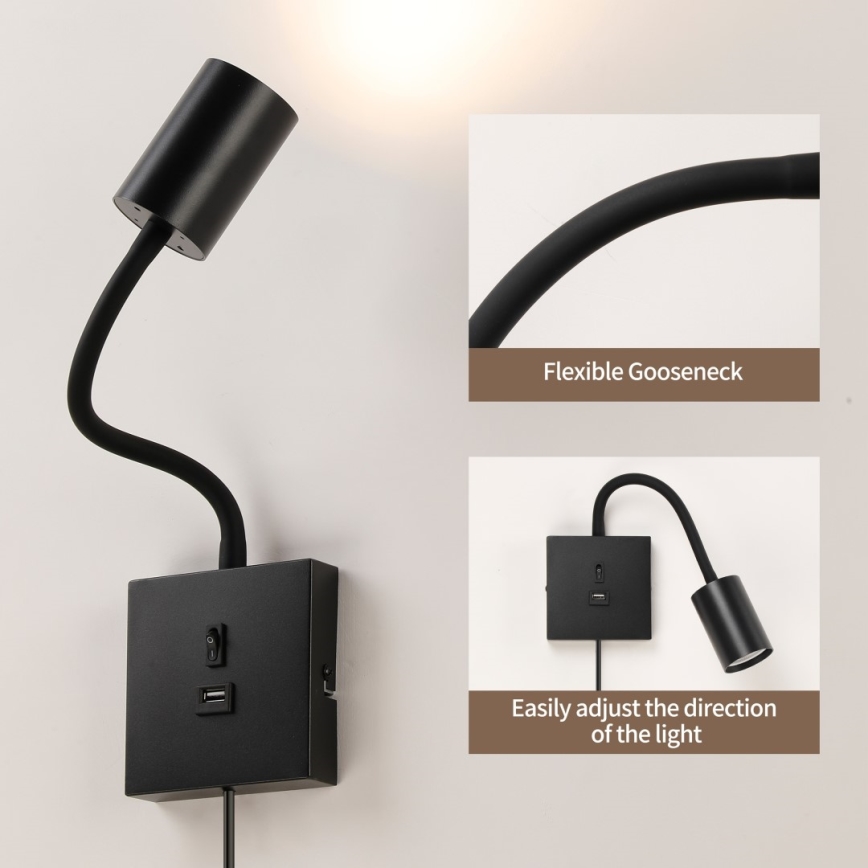 Immax NEO 08295L - Seinävalaisin USB-liitännällä PUNTO 1xGU10/9W/230V musta
