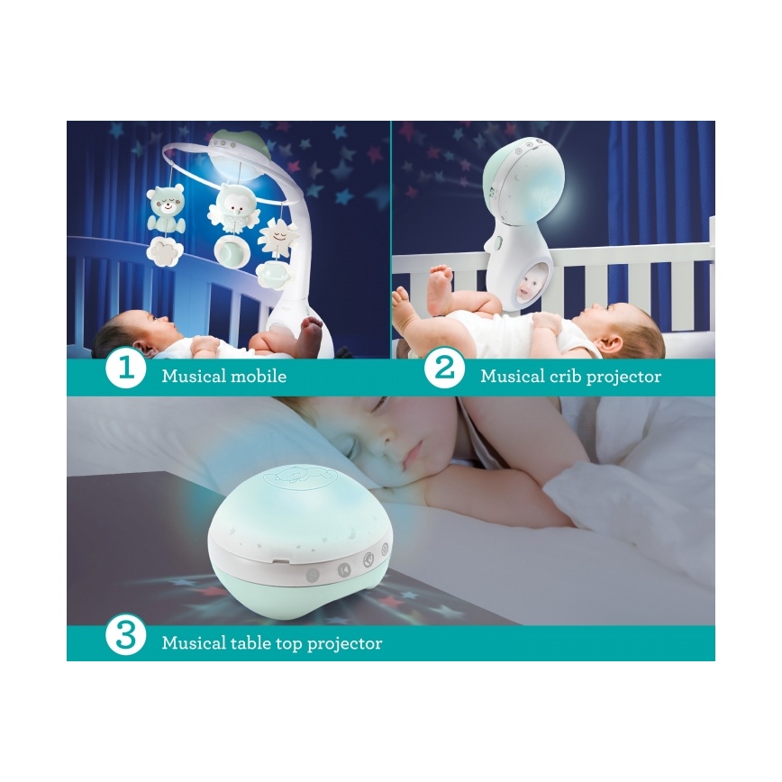 Infantino - Pinnasängyn mobiili melodialle ja projektori 3in1 3xAAA vihreä