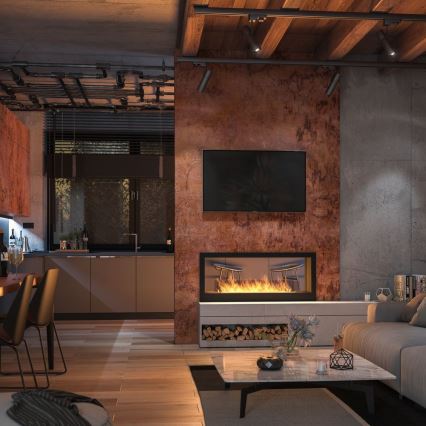 InFire - Sisäänrakennettu BIO takka 120x50 cm 3kW kaksipuolinen