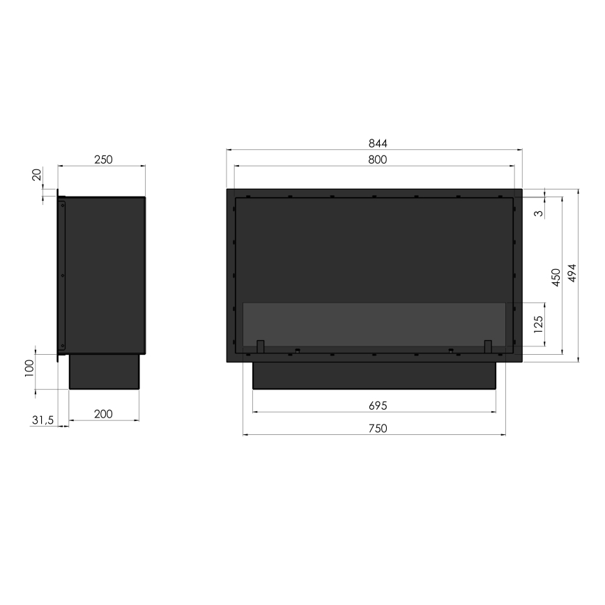 InFire - Sisäänrakennettu BIO takka 49,4x84,4 cm 3,5kW musta