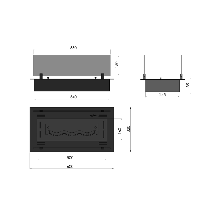 InFire - Sisäänrakennettu BIO takka 8,5x60 cm 3,5kW musta