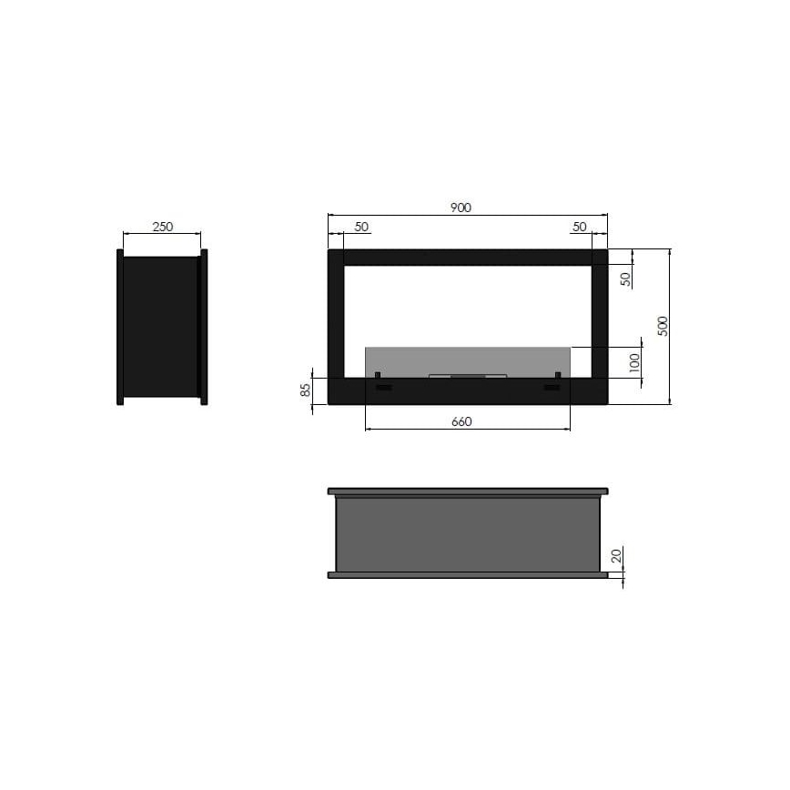 InFire - Sisäänrakennettu BIO takka 90x50 cm 3kW kaksipuolinen