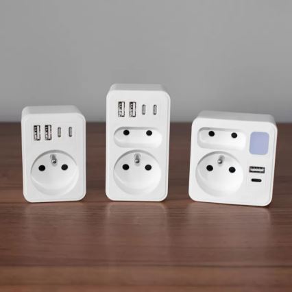 Jatkopistorasia, 2 pistorasiaa + USB-C- ja USB-A-liitännöillä, LED-valaistus LED/0,5W/230V 3000K